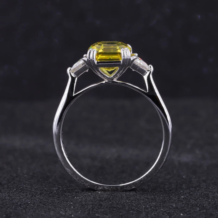 7mm, 2.50ct Asscher Lab-Grown Yellow Sapphire with Diamonds Three-Stone Ring in 14K White Gold