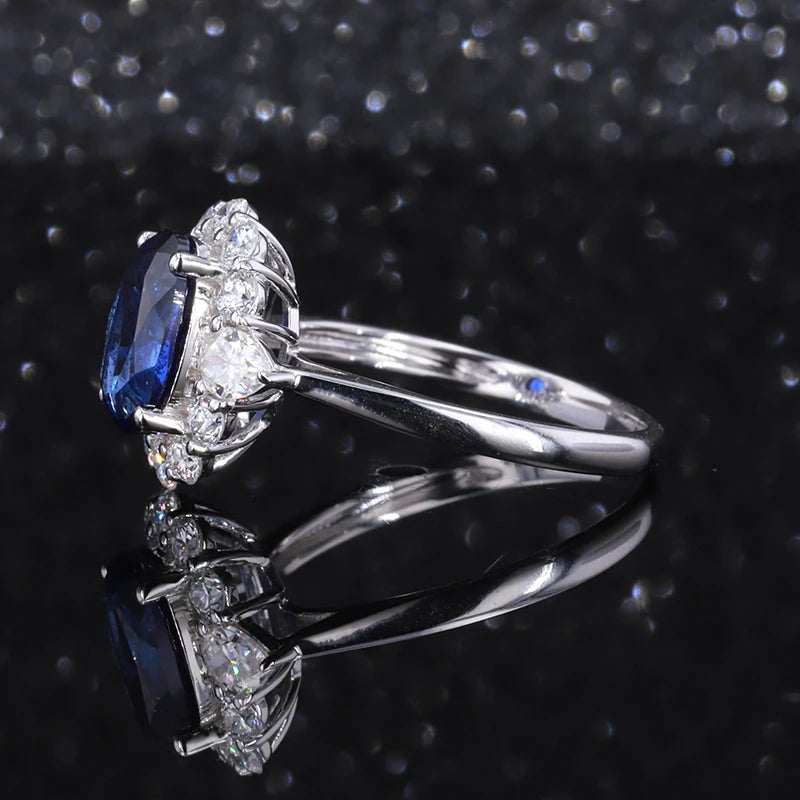 6*8mm Oval Cut Blue Sapphire Ring with Moissanite Halo in 14K Solid White Gold