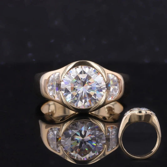10mm Round Cut Moissanite Bezel with Side Stones in 10K Solid Yellow Gold
