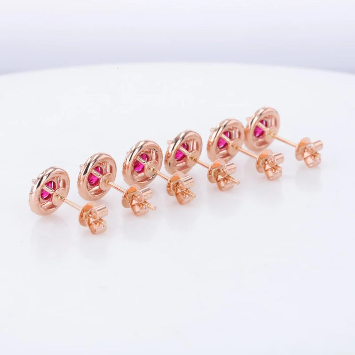 4.5mm, 0.50ct Each Round Lab-Grown Red Ruby with Diamond Halo Earrings in 14K Rose Gold