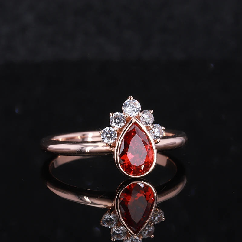 7*10mm Pear Cut Red Ruby Ring with Diamonds in 14K Solid Rose Gold