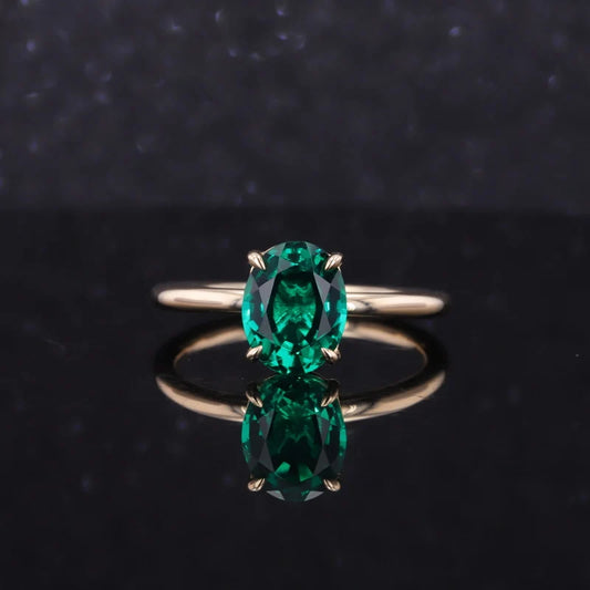 7*9mm Oval Cut Emerald Solitaire Ring in 14K Solid Yellow Gold