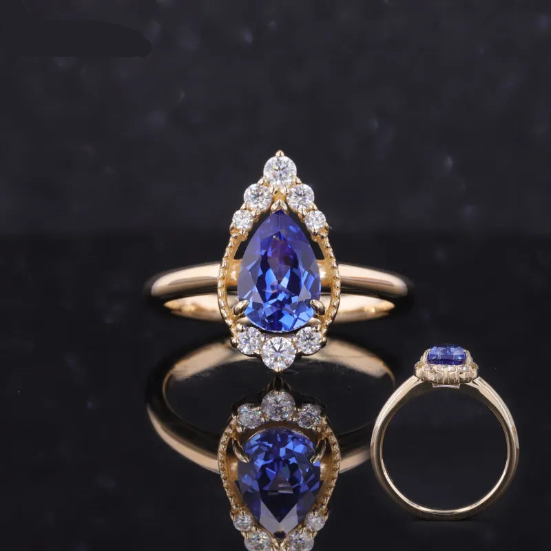 6x9mm Pear Cut Blue Sapphire with Diamond Accents in 14K Solid Yellow Gold