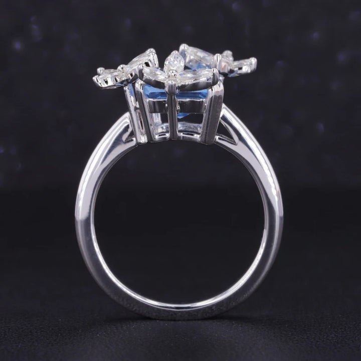 7x9mm, 2.50ct Emerald Lab-Grown Light Blue Sapphire with Diamond Butterflies Ring in 14K White Gold