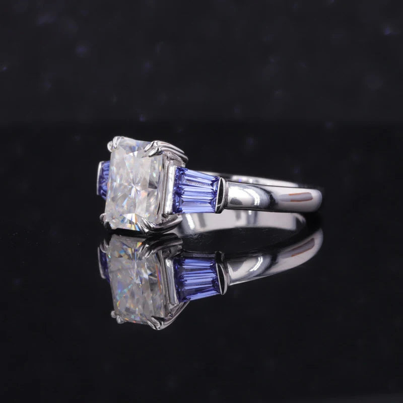 6*8mm Radiant Cut Moissanite with Trapezoidal Cut Blue Sapphire Ring in 10K Solid White Gold