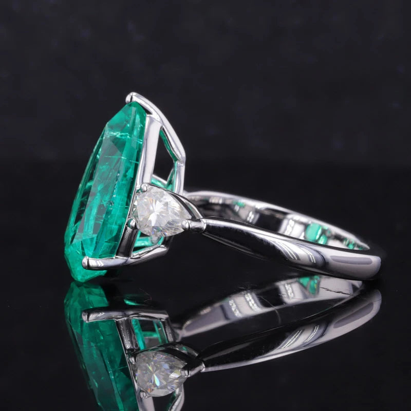 10*16mm Pear Cut Columbian Emerald With Moissanite Ring in 18K Solid White Gold