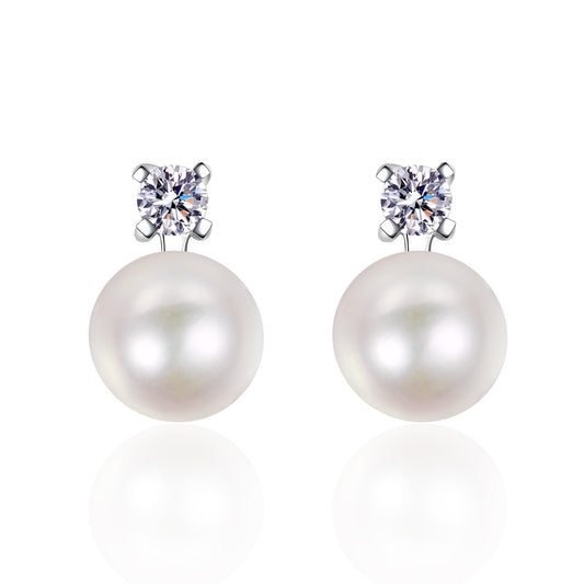 Pearl Moissanite Earrings in Platinum-Plated 925 Sterling Silver