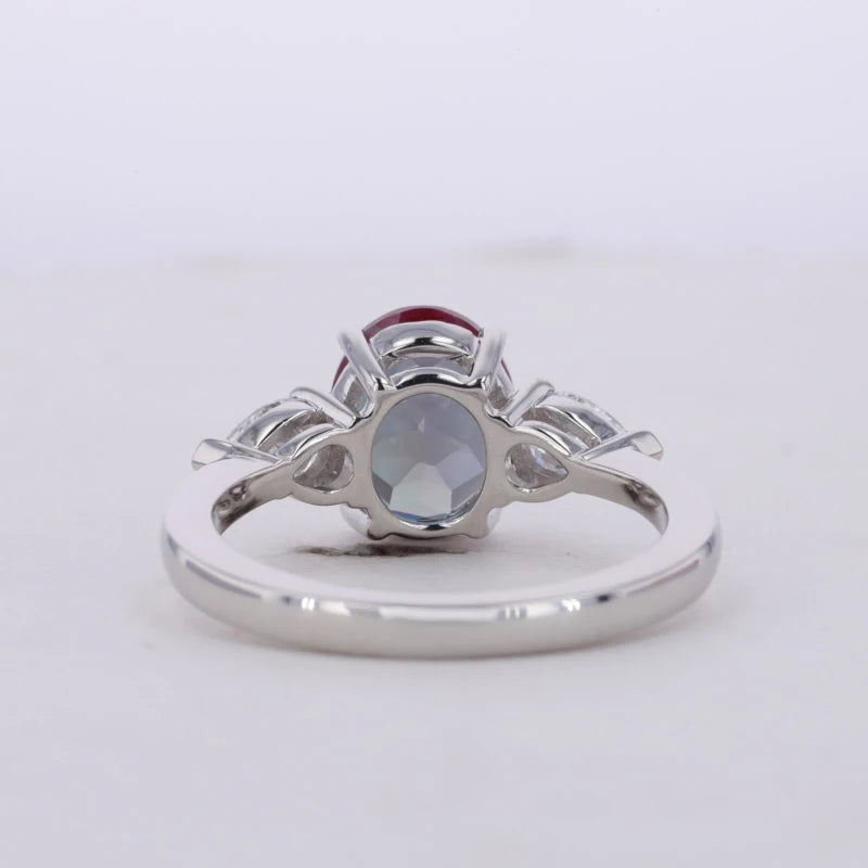8*10mm Oval Cut Alexandrite with Pear Cut Diamond Three Stone Ring in Solid Platinum 950