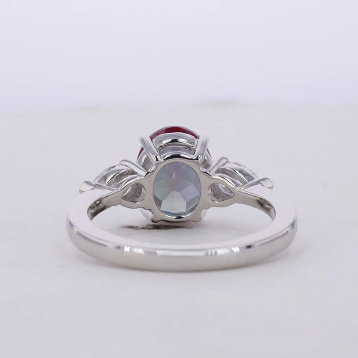 8*10mm Oval Cut Alexandrite with Pear Cut Diamond Three Stone Ring in Solid Platinum 950