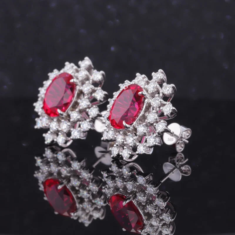 7*9mm Oval Cut Red Ruby Moissanite Earring in 14K Solid White Gold