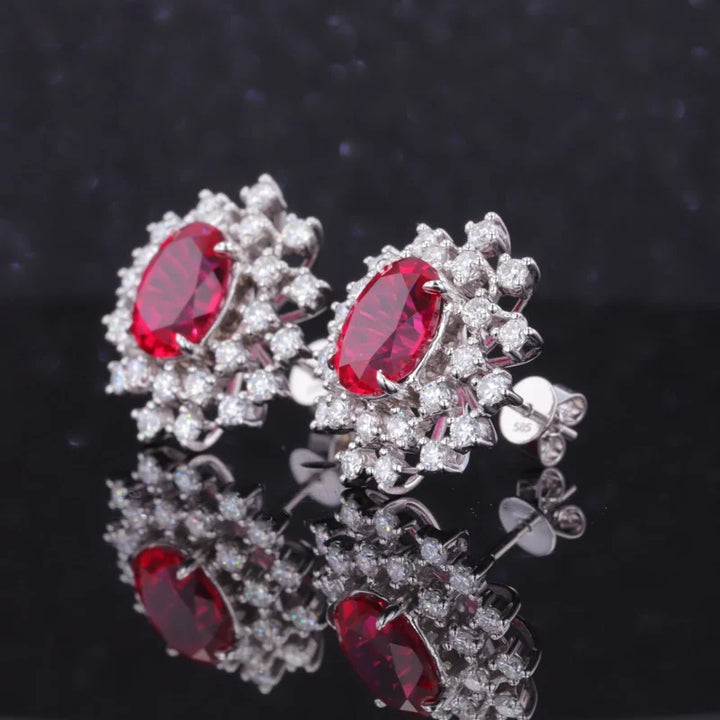 7x9mm, 2.50ct Each Oval Lab-Grown Red Ruby with Diamond Halo Earrings in 14K White Gold