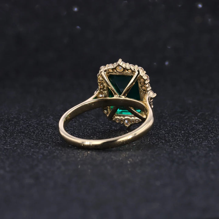 9x11mm, 4.60ct Lab-Grown Zambian Emerald with Diamond Halo Ring in 18K Yellow Gold