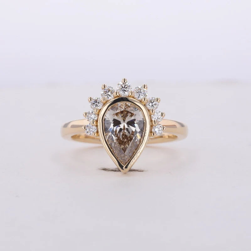 1.5ct Pear Cut Moissanite Half-Halo in 14K Solid Yellow Gold