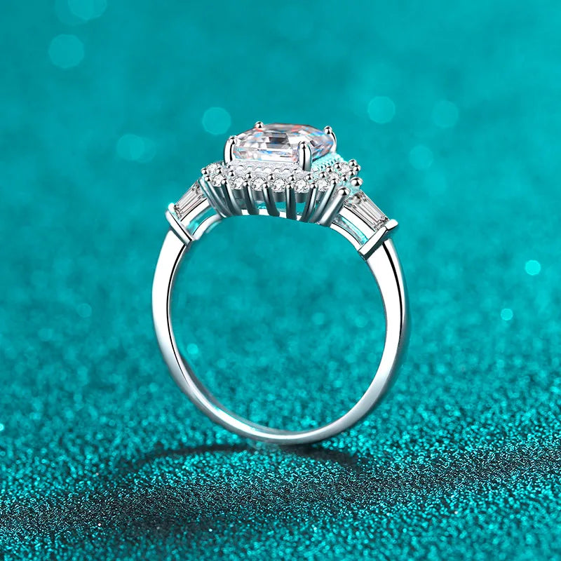 2ct Asscher Cut with Halo Moissanite Ring in Platinum-Plated 925 Sterling Silver