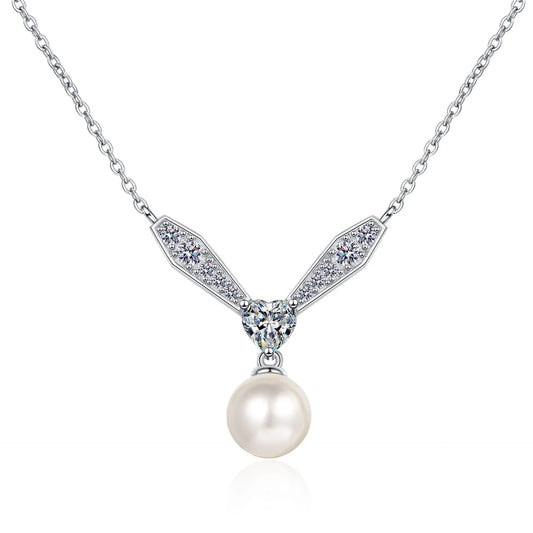 8mm Pearl with Heart Cut Moissanite V Design Pendant Necklace in Platinum Plated 925 Silver