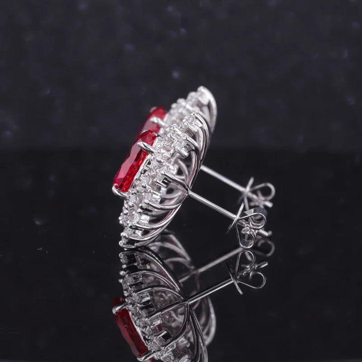 7x9mm, 2.50ct Each Oval Lab-Grown Red Ruby with Diamond Halo Earrings in 14K White Gold