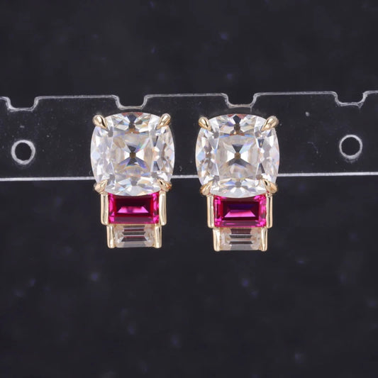 7*7mm Asscher Cut Moissanite Earrings with Emerald Cut Ruby in 14k Solid Yellow Gold