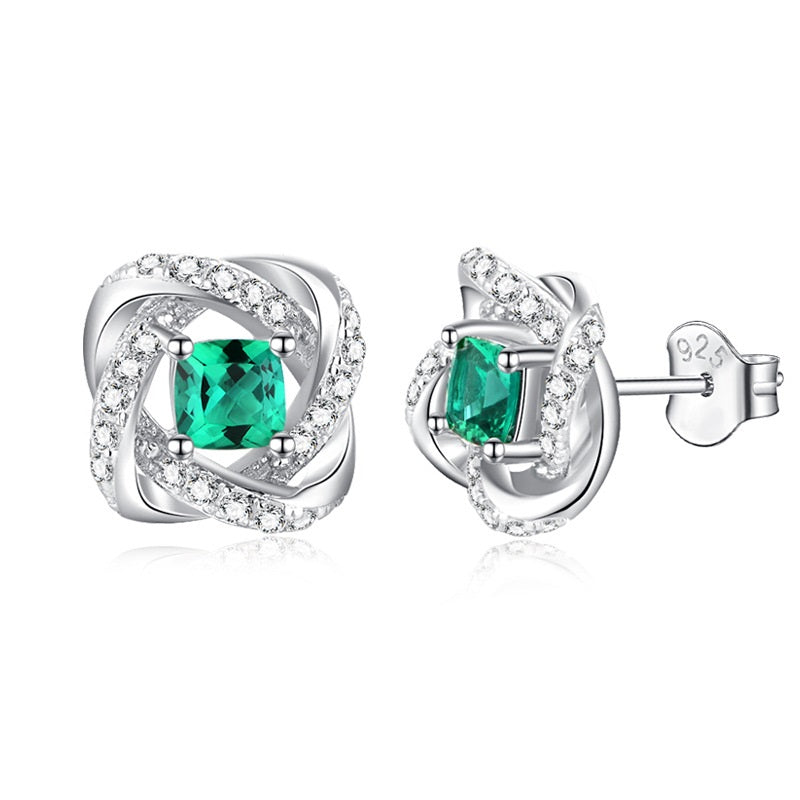 Zambian Emerald Stone Stud Earrings in 18k White Gold-Plated 925 Sterling Silver