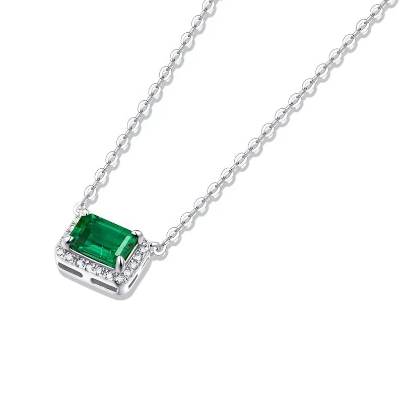 5*7mm Emerald Moissanite Halo Pendant/Necklace in 18K White Gold-Plated 925 Sterling Silver