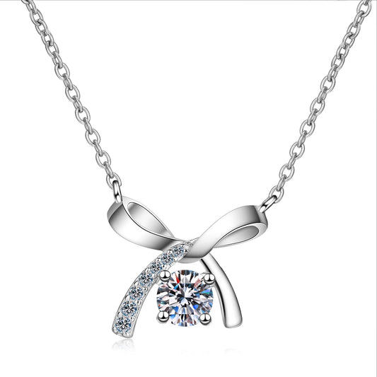 Ribbon 1ct Moissanite Pendant Necklace in Platinum plated 925 silver