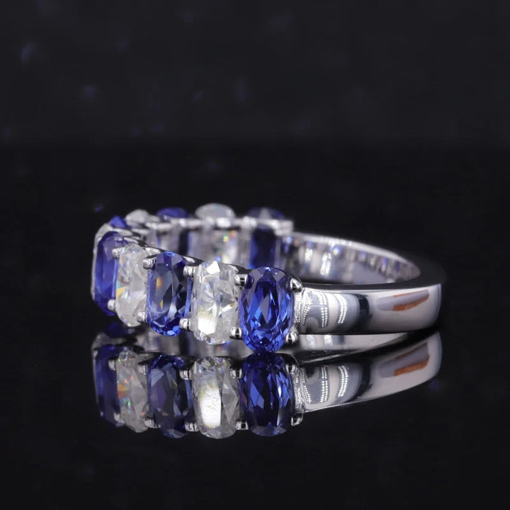 3x5mm, 3.35ctw Oval Lab-Grown Blue Sapphire & Diamond Alternating Half-Eternity Ring in 14K White Gold