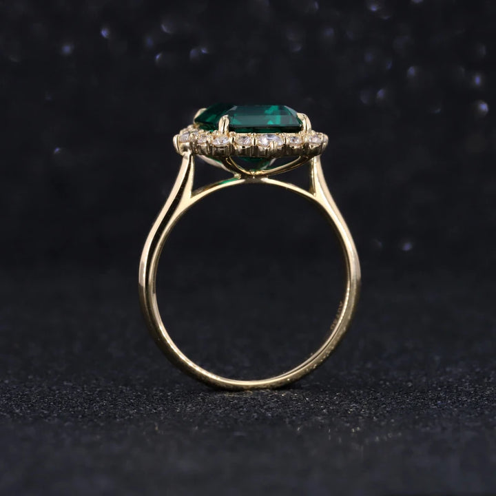 9x11mm, 4.60ct Lab-Grown Zambian Emerald with Diamond Halo Ring in 18K Yellow Gold