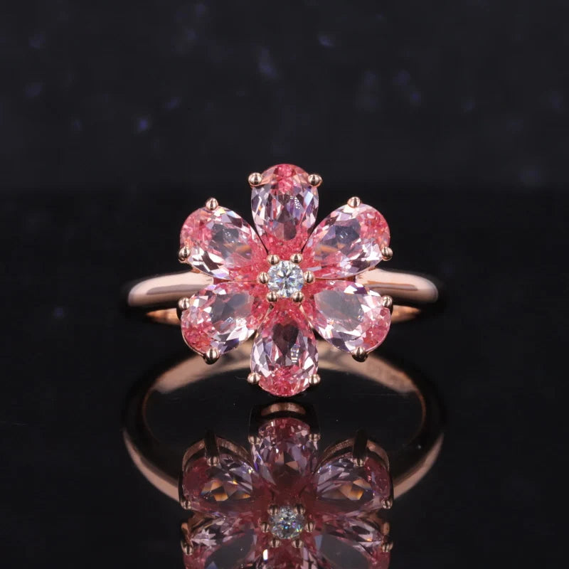 Pink Sapphire with 2.2mm Diamond Flower Ring in 10K Solid Rose Gold