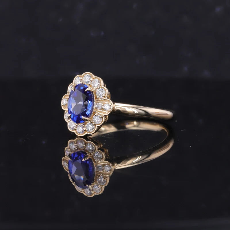 5x7mm, 1.00ct Oval Lab-Grown Blue Sapphire with Diamond Halo Vintage Ring in 14K Yellow Gold