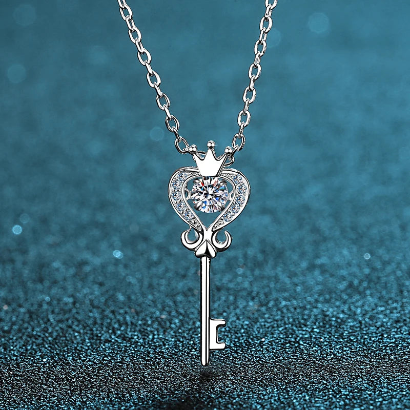 Moissanite Crown Key Pendant with Rope Necklace Chain in 925 silver