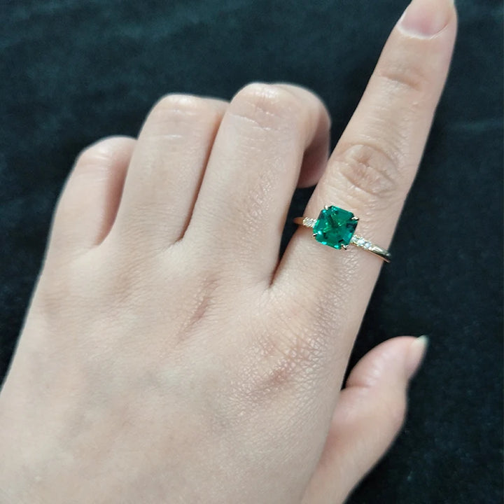 7x7mm, 1.50ct Asscher Lab-Grown Zambian Emerald with Diamond Accent Ring in Yellow Gold