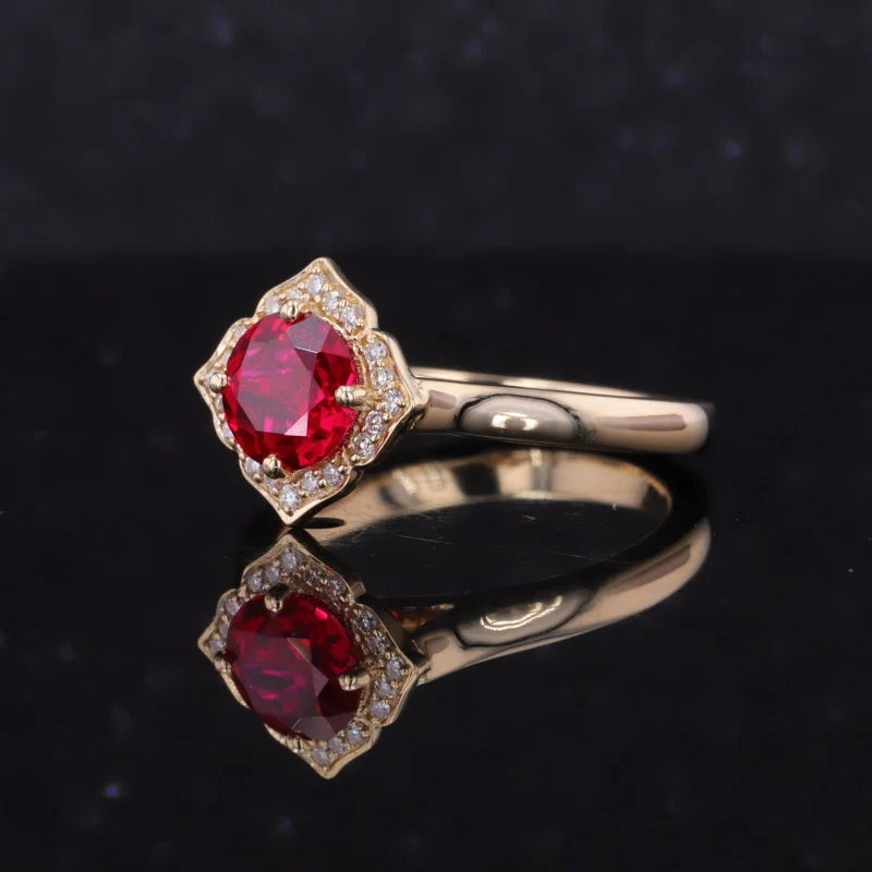 Round Cut Red Ruby Ring with Diamond Shining Halo in 10K Solid Yellow Gold