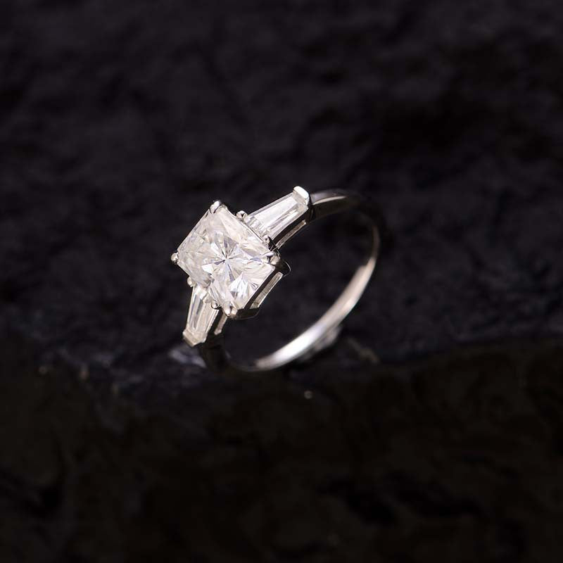 Radiant Cut Moissanite Ring with Trapezoid Baguette Accents in White Gold-Plated 925 Silver