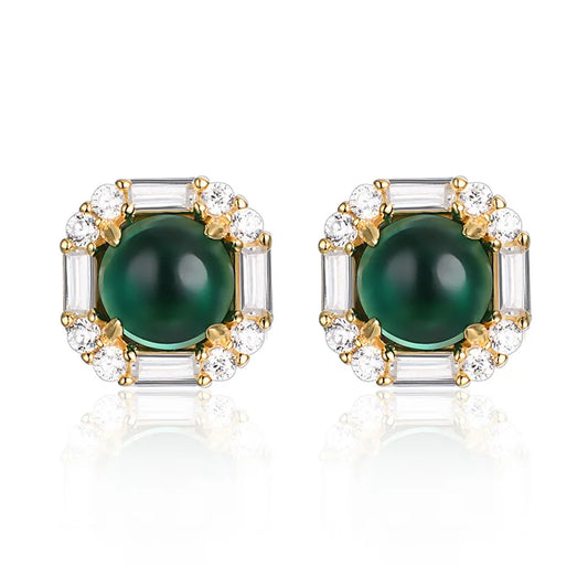 Round Unique Cut Emerald Halo Stud Earrings in 18k Yellow Gold-Plated 925 Sterling Silver