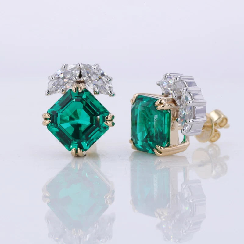 8mm, 2.00ct Each Asscher Lab-Grown Zambian Emerald with Marquise Diamond Earrings in 14K Yellow Gold