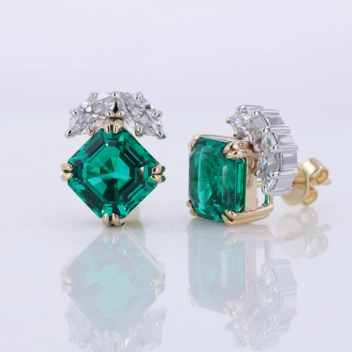 8mm, 2.00ct Each Asscher Lab-Grown Zambian Emerald with Marquise Diamond Earrings in 14K Yellow Gold
