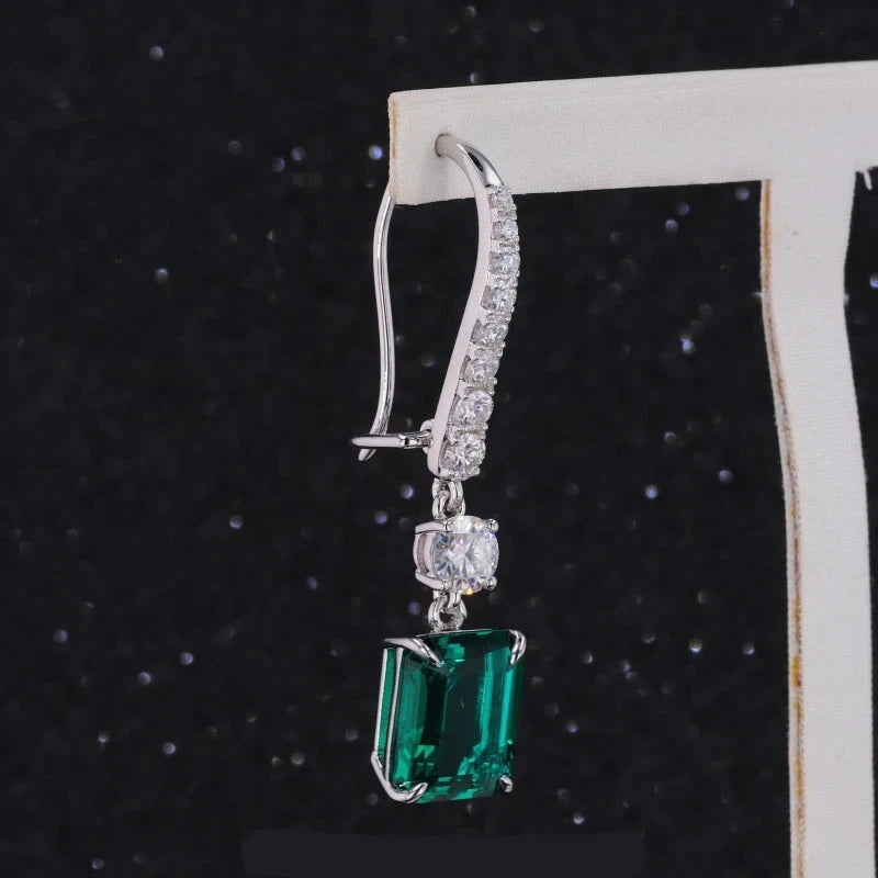 9*11mm Emerald with Diamond Dangle Earrings in 14K Solid White Gold