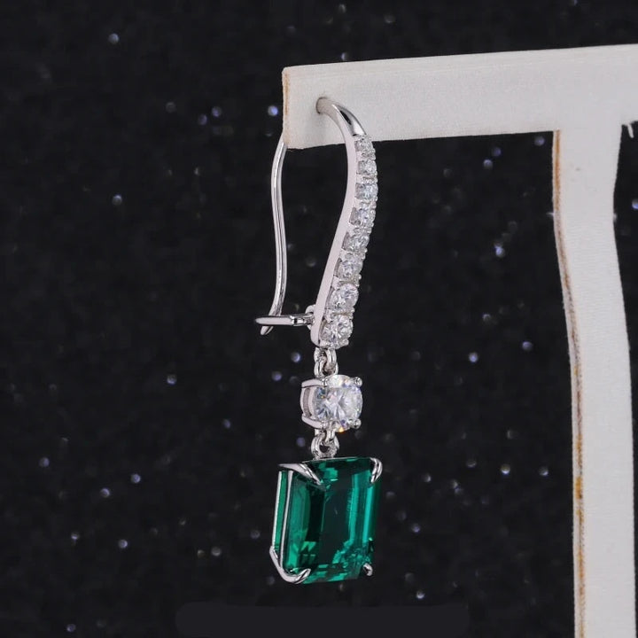 9x11mm, 3.50ct Each Emerald Cut Zambian Emerald with Diamond Dangle Earrings in 14K Solid White Gold