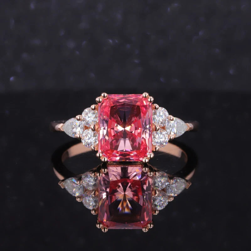 7*11mm Long Cushion Cut Sakura Pink Sapphire with Moissanite Ring in 14K Solid Rose Gold