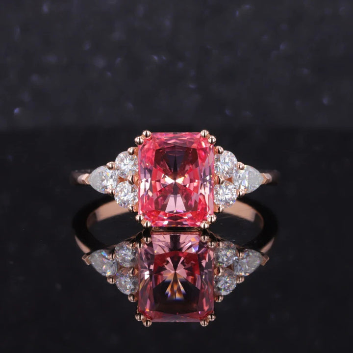 7x11mm, 4.90ct Long Cushion Lab-Grown Padparadscha Pink Sapphire with Diamonds Accents Ring in 14K Rose Gold
