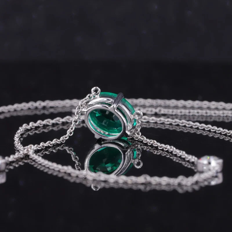 6x8mm, 1.50ct Oval Lab-Grown Colombian Emerald Pendant with Diamond Accent Necklace in 14K White Gold
