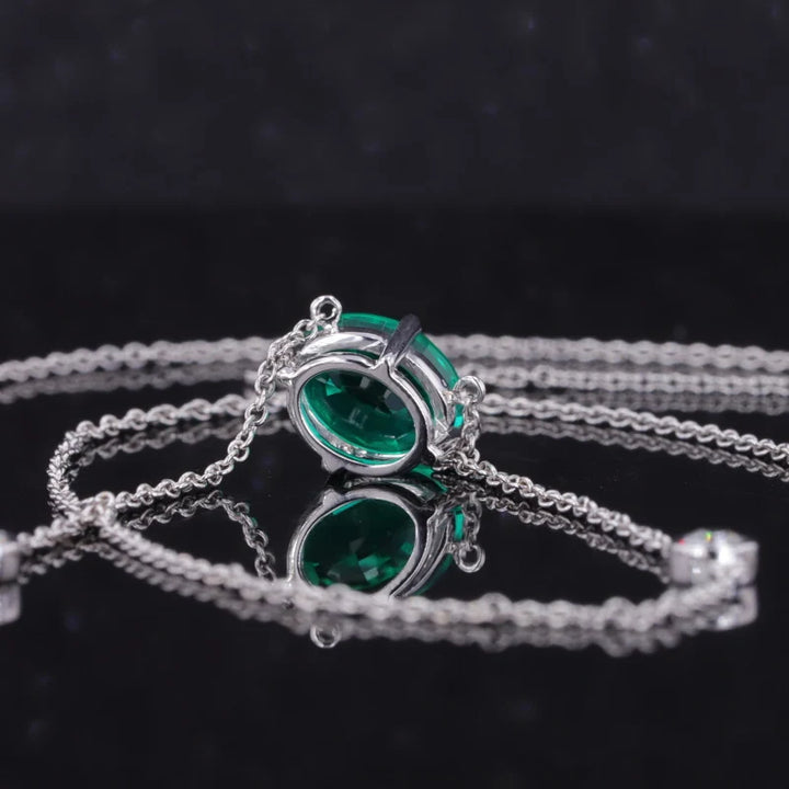 6x8mm, 1.50ct Oval Lab-Grown Colombian Emerald Pendant with Diamond Accent Necklace in 14K White Gold