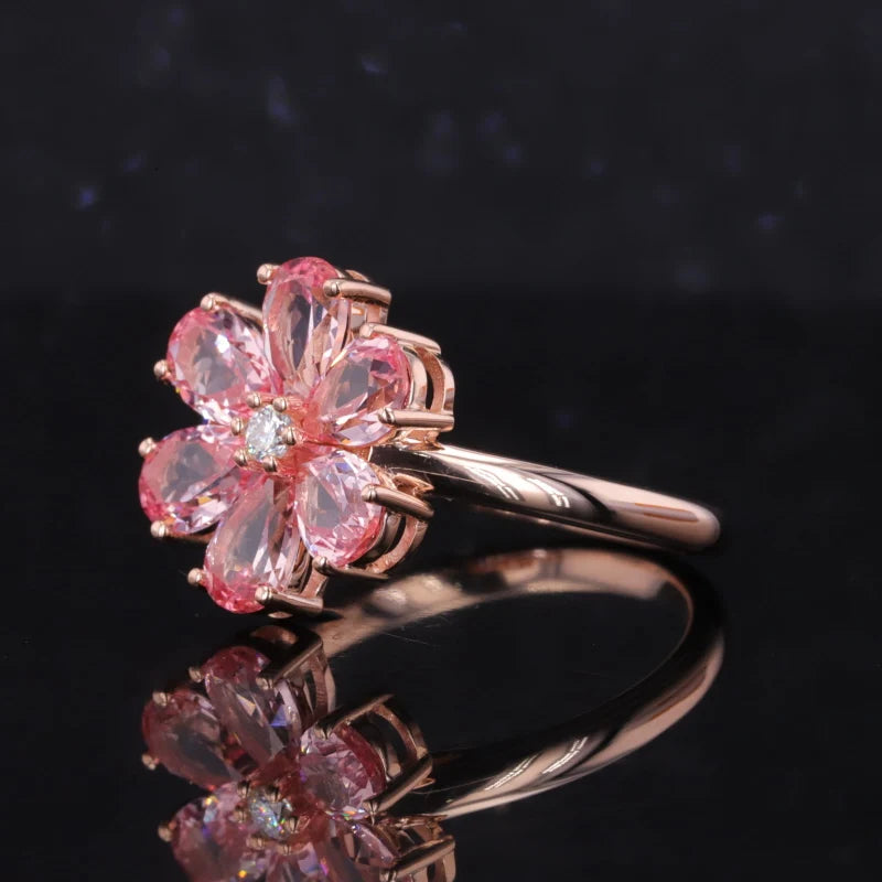 Pink Sapphire with 2.2mm Diamond Flower Ring in 10K Solid Rose Gold