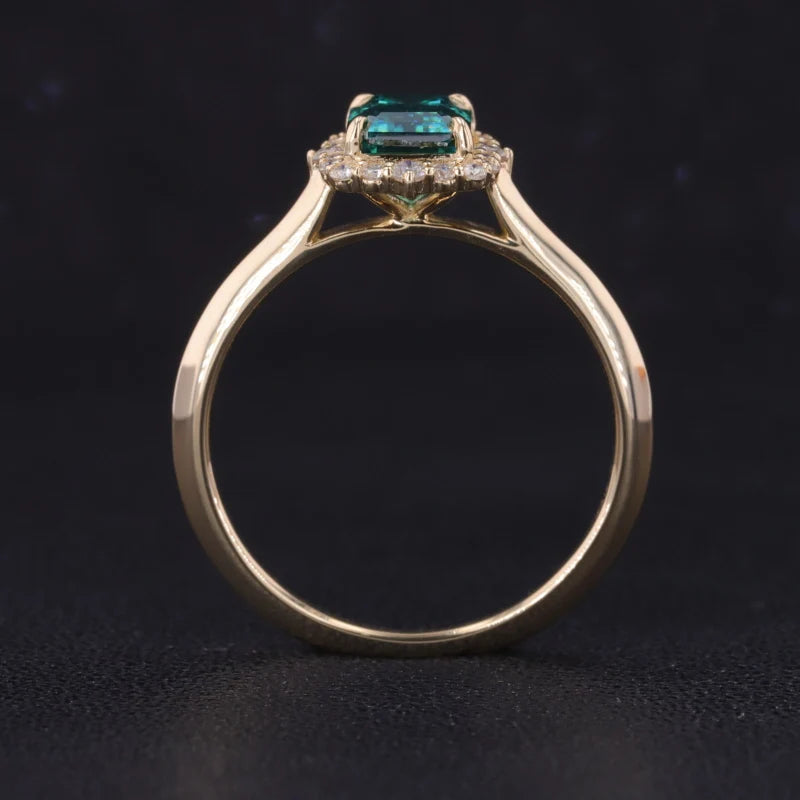 5*7mm Emerald Cut Green Moissanite with Moissanite Halo Ring in 10K Yellow Gold