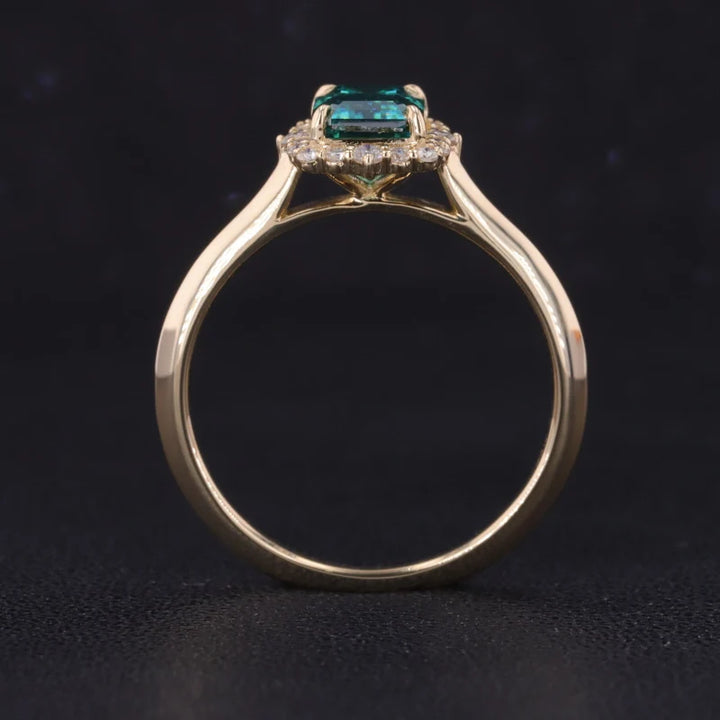 5x7mm, 1.00ct Emerald Cut Green Moissanite with Diamond Halo Ring in 14K Solid Yellow Gold