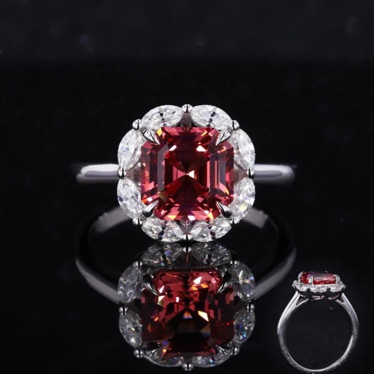 8*8mm Asscher Cut Padparadscha Pink Sapphire with Pear Moissanite Halo Ring in 10K Solid White/Yellow/Rose Gold