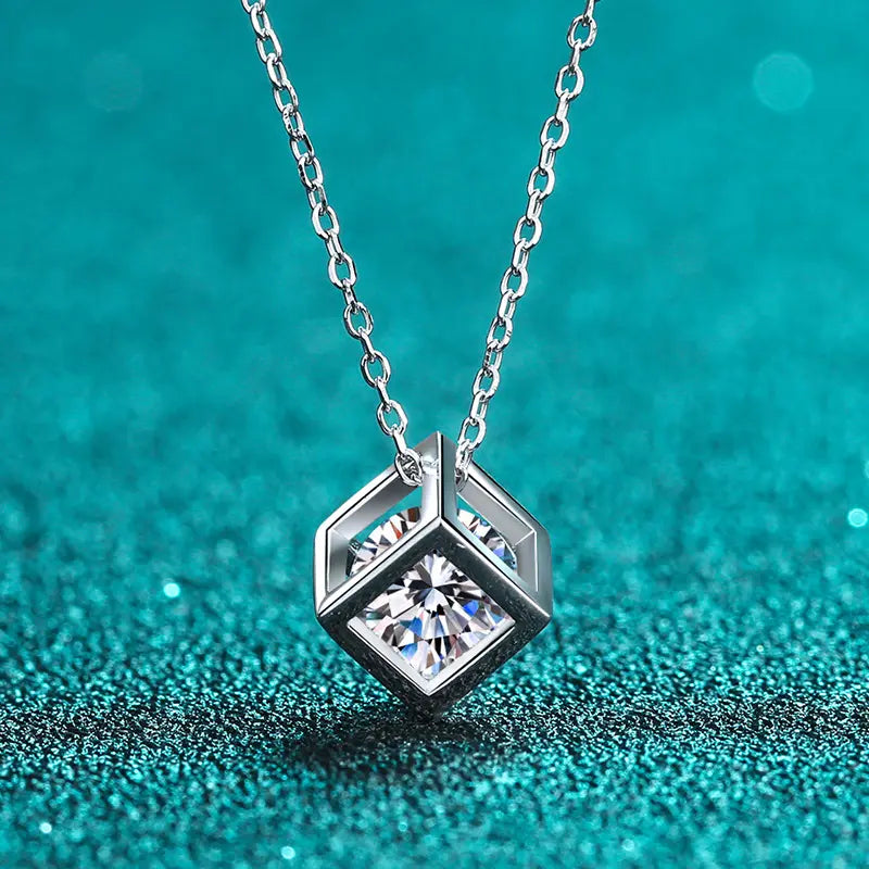 Cube Moissanite Pendant Necklace in 925 silver