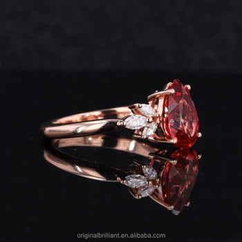 7*10mm Pear Cut Red Ruby Ring with Marquise Diamonds in 14K Solid Rose Gold