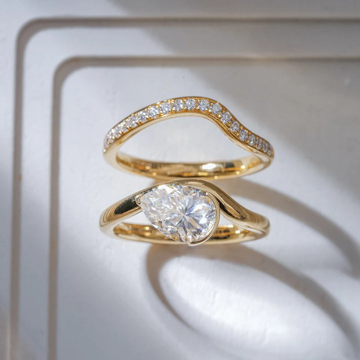 7*10mm Pear Cut Moissanite Curved Ring with Stackable Pave Ring in 18K Solid Yellow Gold
