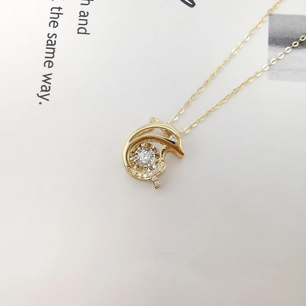 Dolphin Pendant Necklace with Dancing Diamond in 18K Solid Yellow Gold