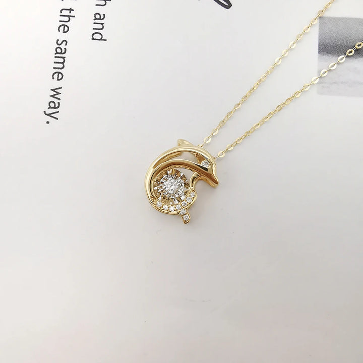 Dolphin Pendant Necklace with Dancing Diamond in 18K Solid Yellow Gold